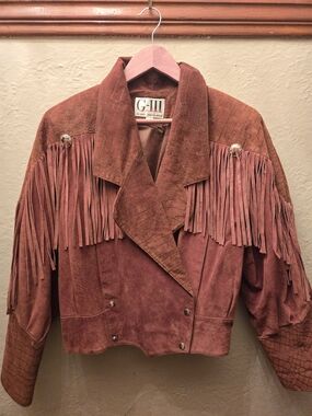 Vintage Leather Fringe Jacket L Cropped Western Boho Suede Rust Moto